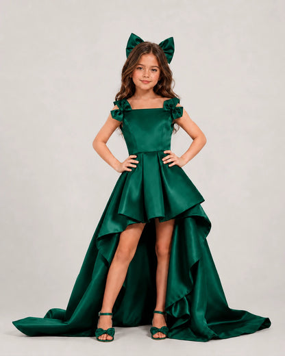 dideyttawl High-Low Junior Bridesmaid Dresses for Girls Pleated Satin A-Line Bow Straps Pageant Formal Party Dress 2536