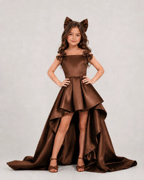 dideyttawl High-Low Girls Formal Dress for Girls Pleated Satin A-Line Bow Straps Pageant Formal Party Dress 2536