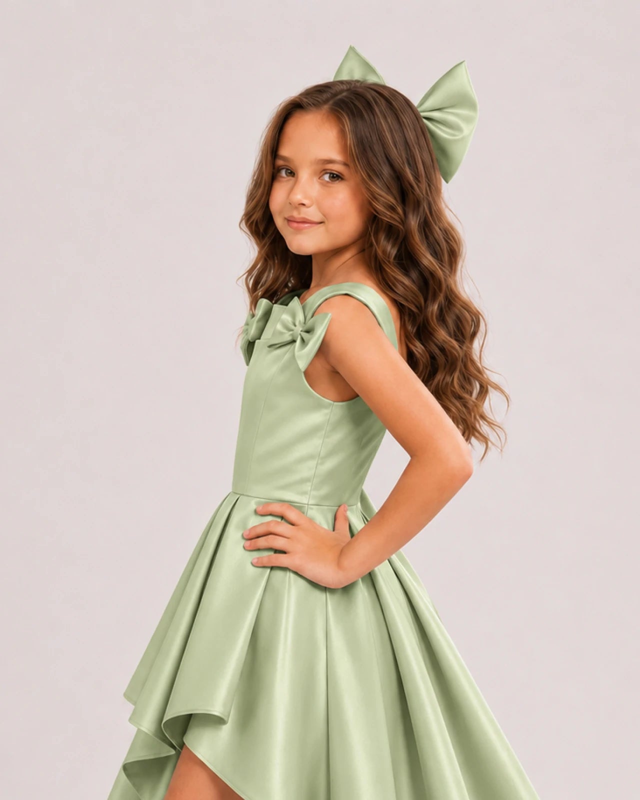 dideyttawl High-Low Junior Bridesmaid Dresses for Girls Pleated Satin A-Line Bow Straps Pageant Formal Party Dress 2536