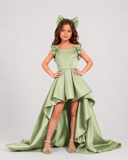 dideyttawl High-Low Junior Bridesmaid Dresses for Girls Pleated Satin A-Line Bow Straps Pageant Formal Party Dress 2536