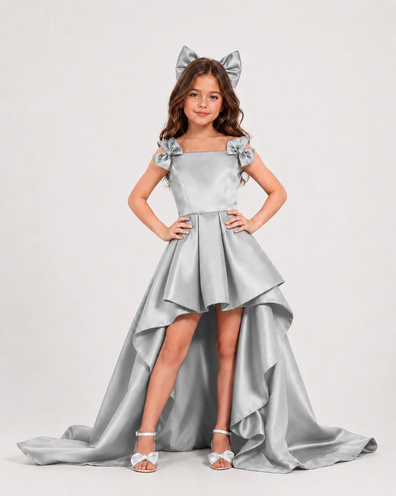 dideyttawl High-Low Junior Bridesmaid Dresses for Girls Pleated Satin A-Line Bow Straps Pageant Formal Party Dress 2536