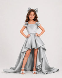 dideyttawl High-Low Girls Formal Dress for Girls Pleated Satin A-Line Bow Straps Pageant Formal Party Dress 2536