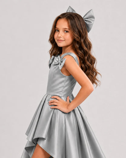 dideyttawl High-Low Junior Bridesmaid Dresses for Girls Pleated Satin A-Line Bow Straps Pageant Formal Party Dress 2536