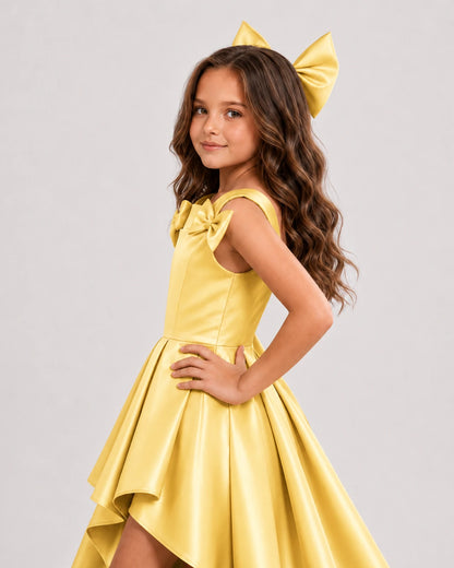 dideyttawl High-Low Junior Bridesmaid Dresses for Girls Pleated Satin A-Line Bow Straps Pageant Formal Party Dress 2536