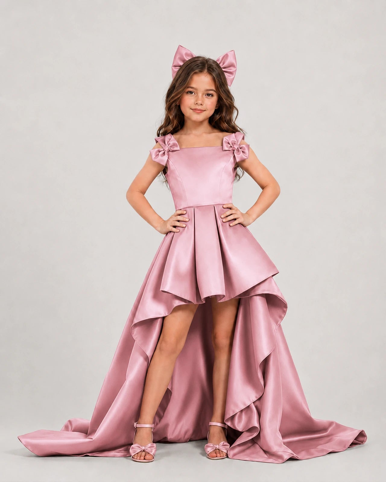 dideyttawl High-Low Junior Bridesmaid Dresses for Girls Pleated Satin A-Line Bow Straps Pageant Formal Party Dress 2536