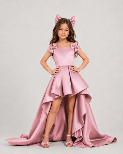 dideyttawl High-Low Junior Bridesmaid Dresses for Girls Pleated Satin A-Line Bow Straps Pageant Formal Party Dress 2536