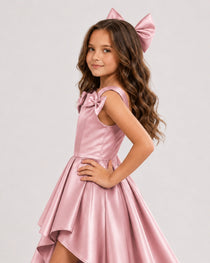 dideyttawl High-Low Junior Bridesmaid Dresses for Girls Pleated Satin A-Line Bow Straps Pageant Formal Party Dress 2536