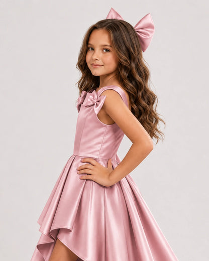 dideyttawl High-Low Junior Bridesmaid Dresses for Girls Pleated Satin A-Line Bow Straps Pageant Formal Party Dress 2536