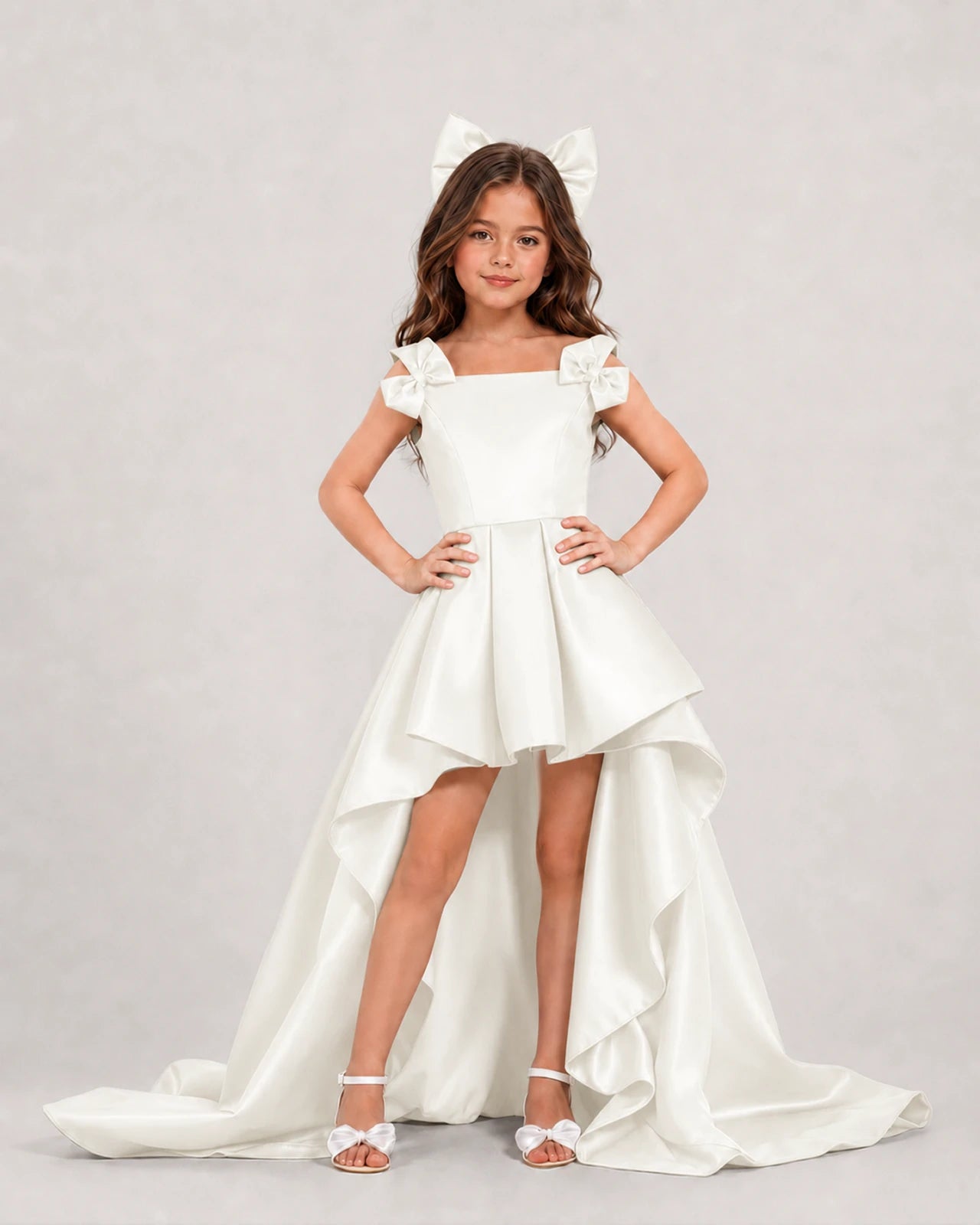 dideyttawl High-Low Junior Bridesmaid Dresses for Girls Pleated Satin A-Line Bow Straps Pageant Formal Party Dress 2536