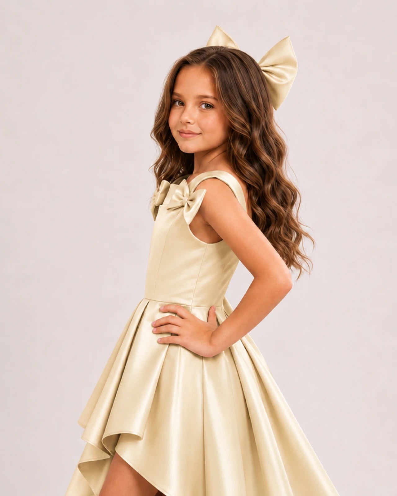 dideyttawl High-Low Junior Bridesmaid Dresses for Girls Pleated Satin A-Line Bow Straps Pageant Formal Party Dress 2536