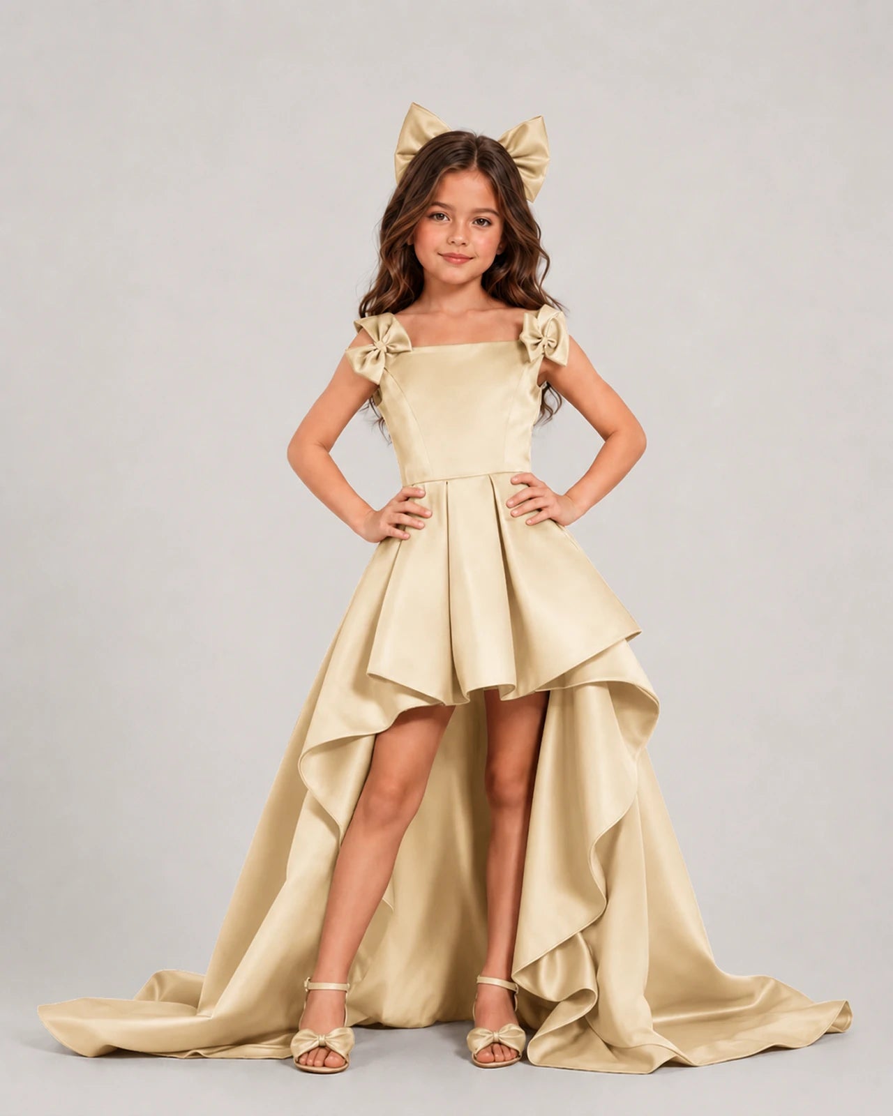 dideyttawl High-Low Junior Bridesmaid Dresses for Girls Pleated Satin A-Line Bow Straps Pageant Formal Party Dress 2536