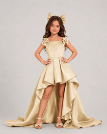 dideyttawl High-Low Girls Formal Dress for Girls Pleated Satin A-Line Bow Straps Pageant Formal Party Dress 2536