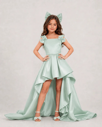 dideyttawl High-Low Junior Bridesmaid Dresses for Girls Pleated Satin A-Line Bow Straps Pageant Formal Party Dress 2536