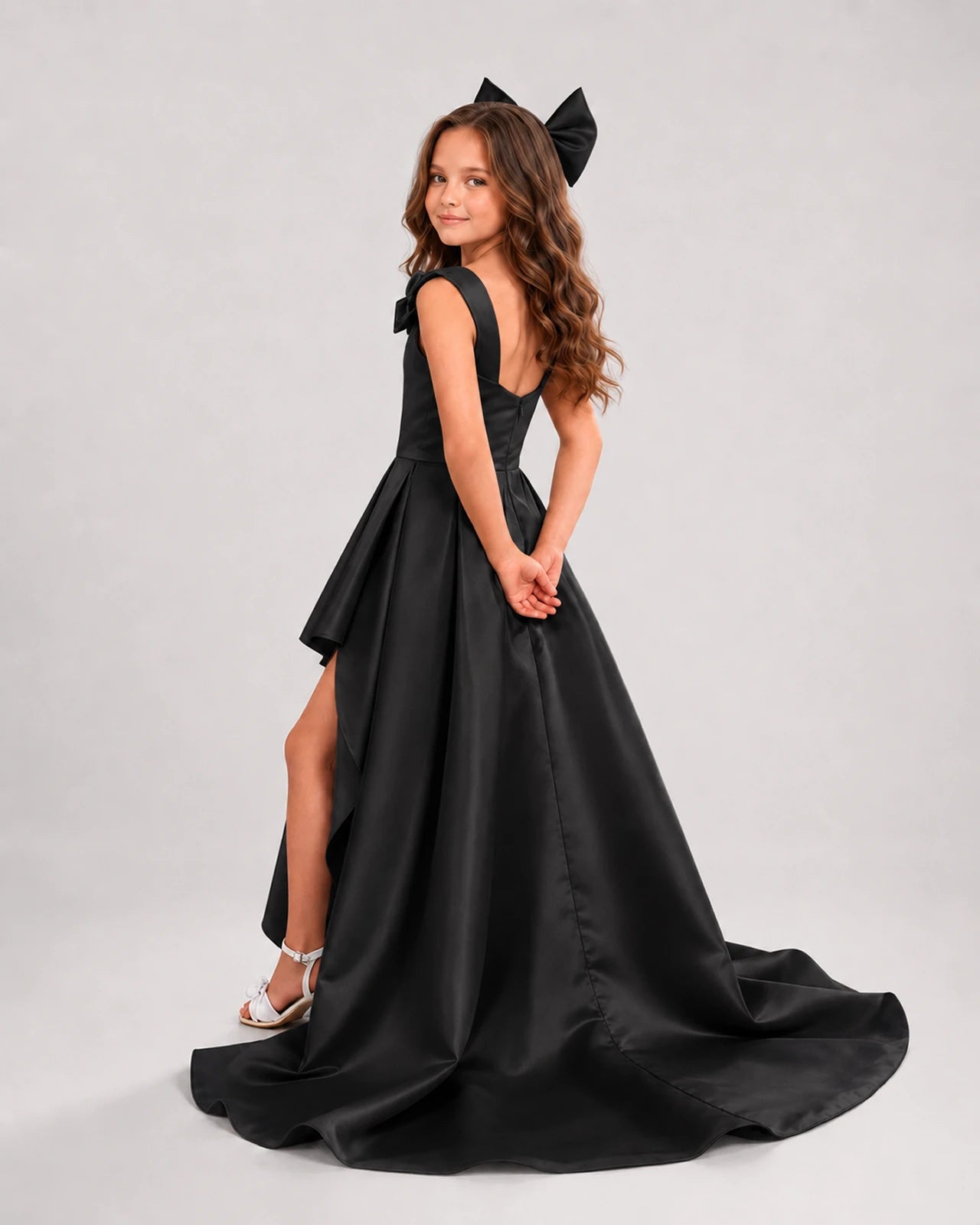 dideyttawl High-Low Junior Bridesmaid Dresses for Girls Pleated Satin A-Line Bow Straps Pageant Formal Party Dress 2536