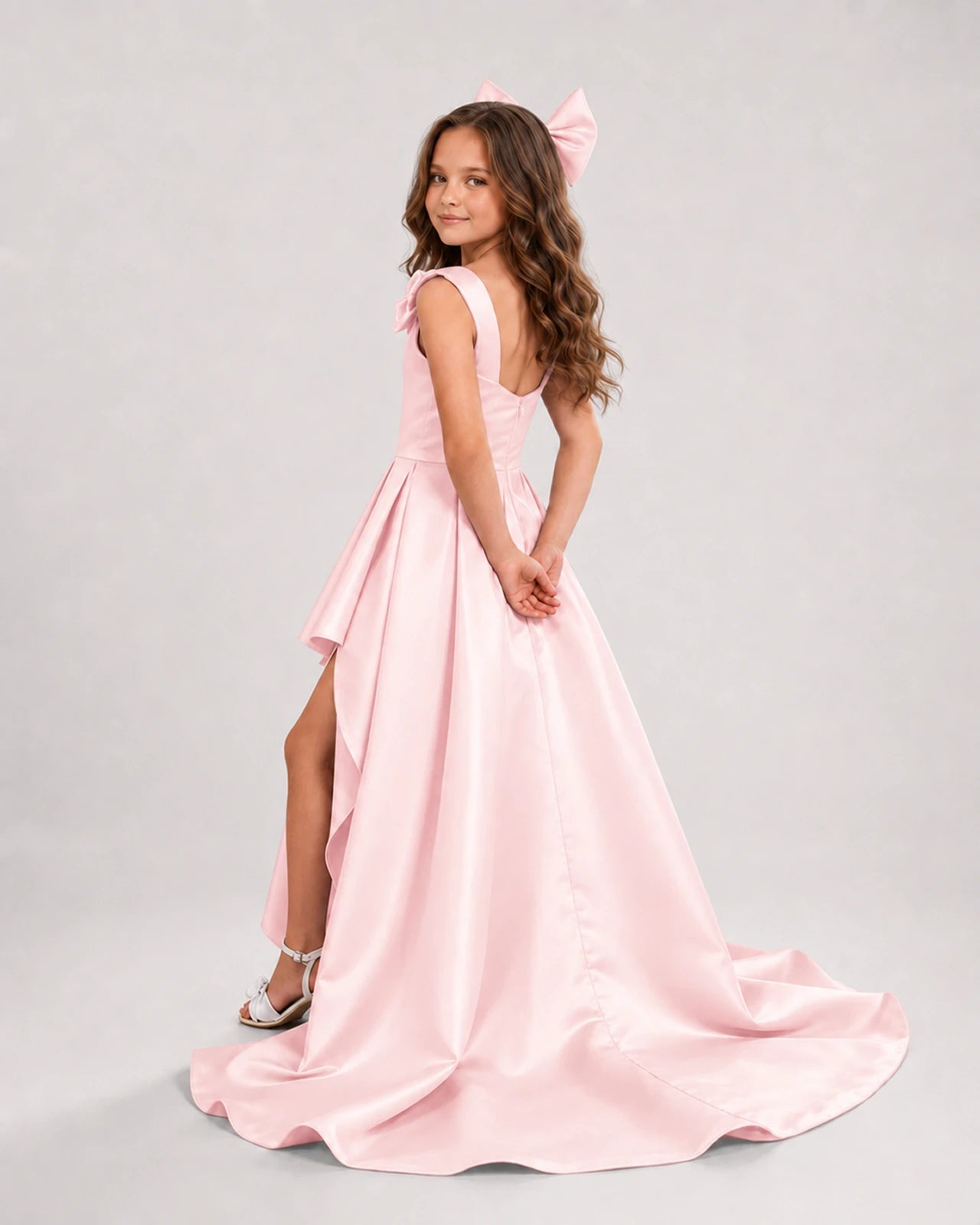 dideyttawl High-Low Junior Bridesmaid Dresses for Girls Pleated Satin A-Line Bow Straps Pageant Formal Party Dress 2536