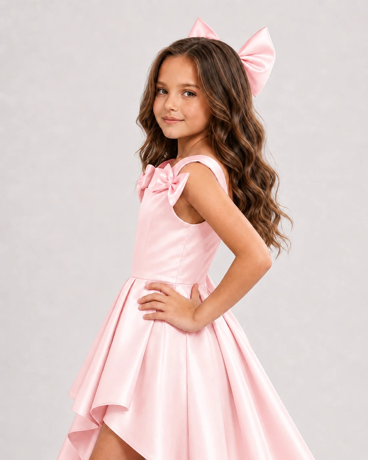 dideyttawl High-Low Junior Bridesmaid Dresses for Girls Pleated Satin A-Line Bow Straps Pageant Formal Party Dress 2536