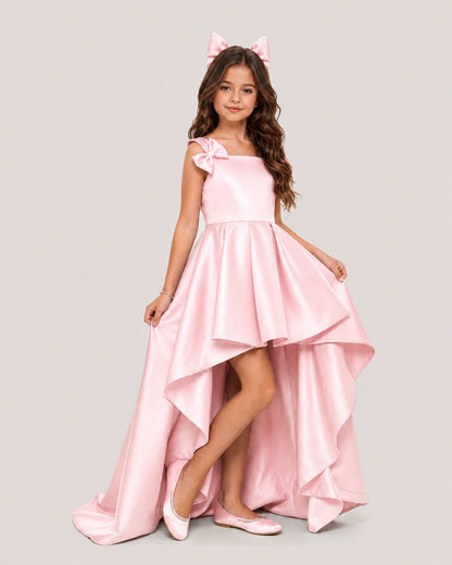dideyttawl High-Low Junior Bridesmaid Dresses for Girls Pleated Satin A-Line Bow Straps Pageant Formal Party Dress 2536