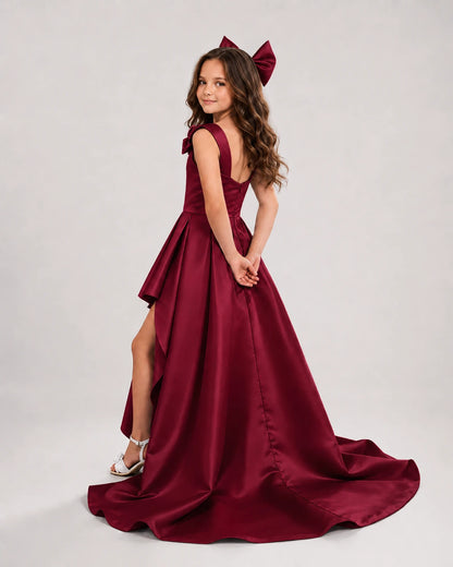 dideyttawl High-Low Junior Bridesmaid Dresses for Girls Pleated Satin A-Line Bow Straps Pageant Formal Party Dress 2536