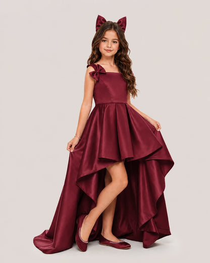 dideyttawl High-Low Junior Bridesmaid Dresses for Girls Pleated Satin A-Line Bow Straps Pageant Formal Party Dress 2536