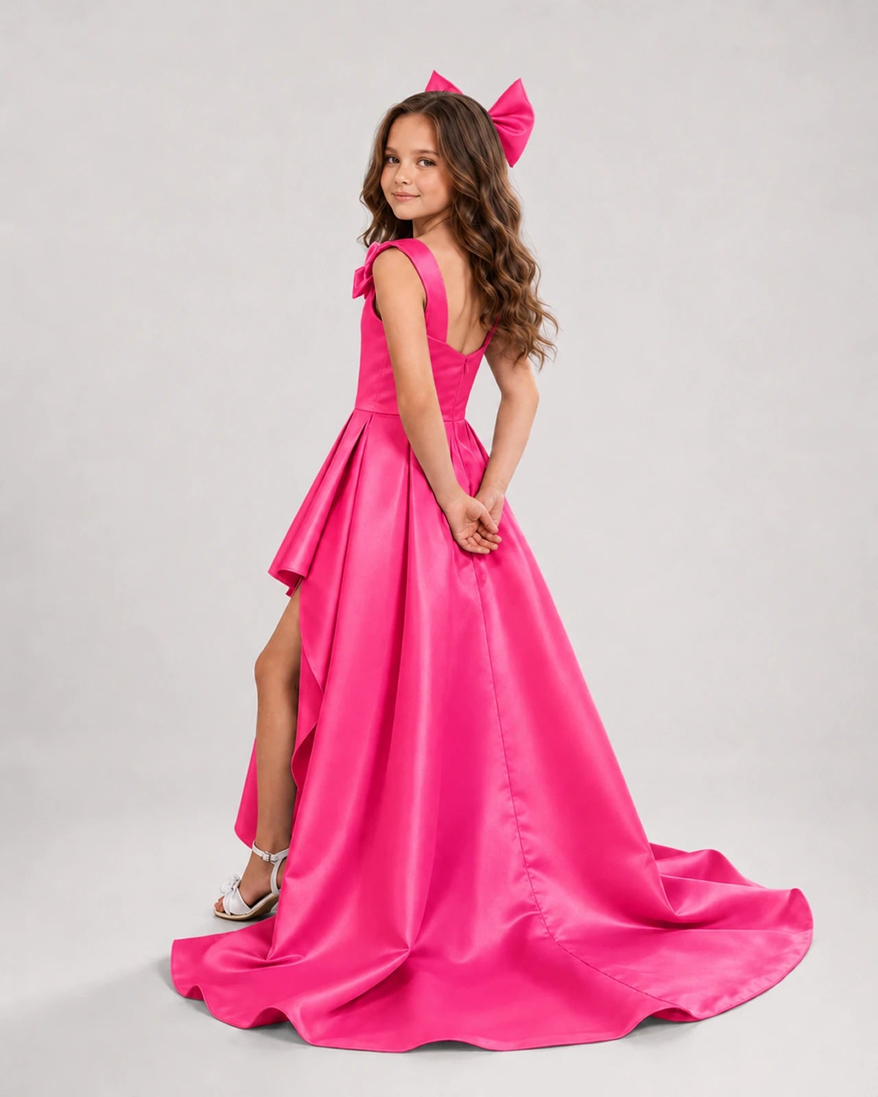 dideyttawl High-Low Junior Bridesmaid Dresses for Girls Pleated Satin A-Line Bow Straps Pageant Formal Party Dress 2536