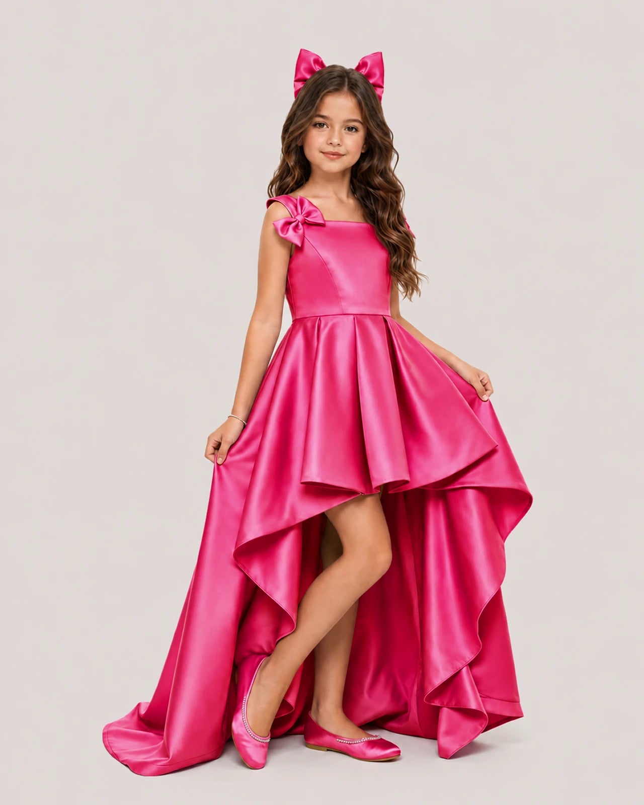 dideyttawl High-Low Junior Bridesmaid Dresses for Girls Pleated Satin A-Line Bow Straps Pageant Formal Party Dress 2536