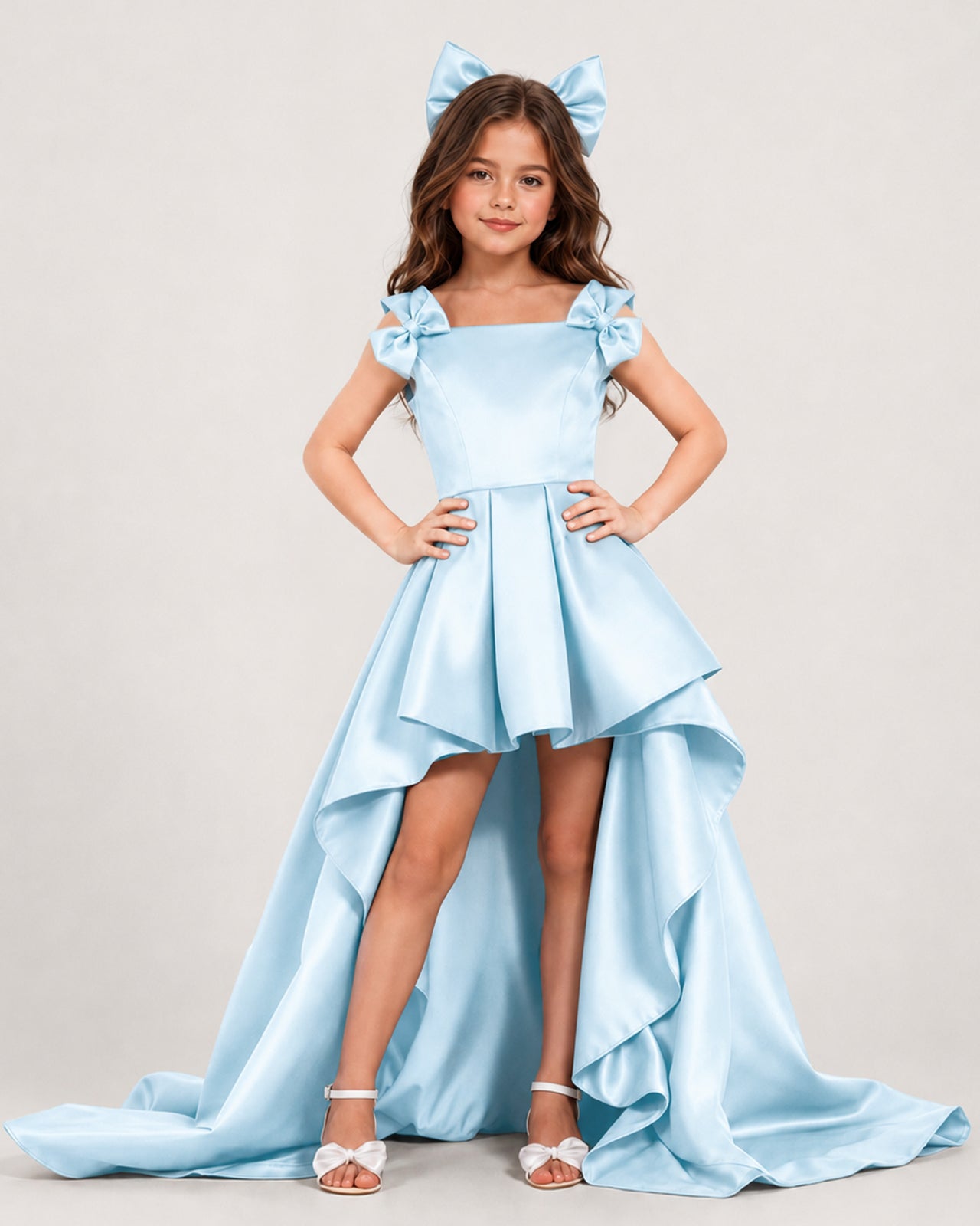dideyttawl High-Low Girls Formal Dress for Girls Pleated Satin A-Line Bow Straps Pageant Formal Party Dress 2536