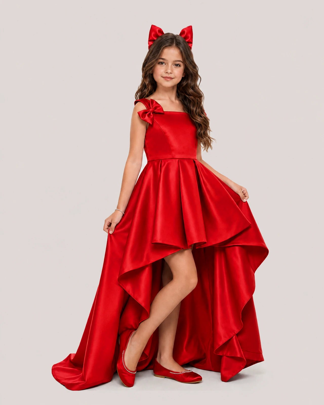 dideyttawl High-Low Junior Bridesmaid Dresses for Girls Pleated Satin A-Line Bow Straps Pageant Formal Party Dress 2536