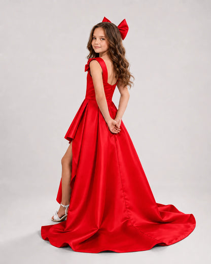 dideyttawl High-Low Junior Bridesmaid Dresses for Girls Pleated Satin A-Line Bow Straps Pageant Formal Party Dress 2536
