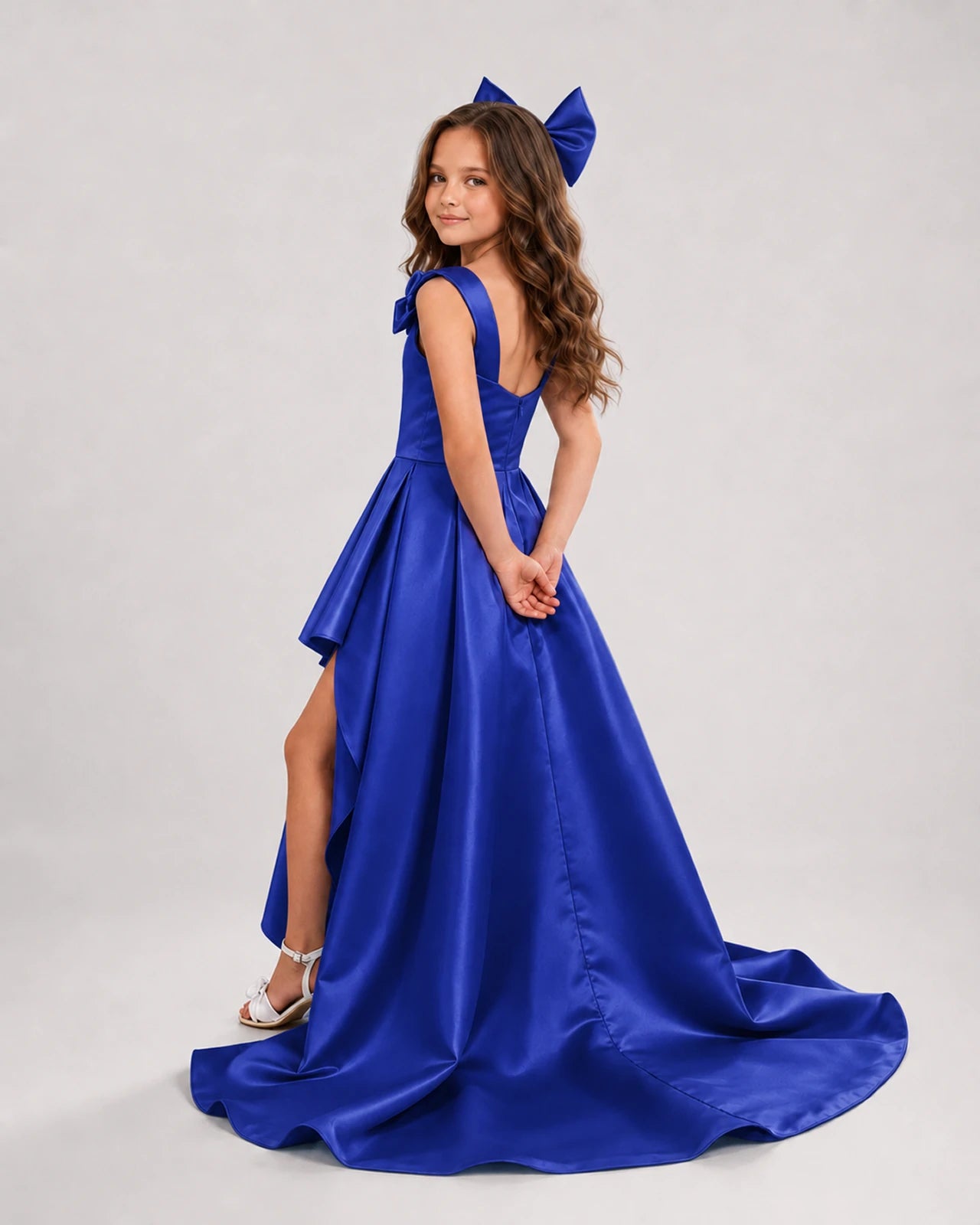 dideyttawl High-Low Junior Bridesmaid Dresses for Girls Pleated Satin A-Line Bow Straps Pageant Formal Party Dress 2536