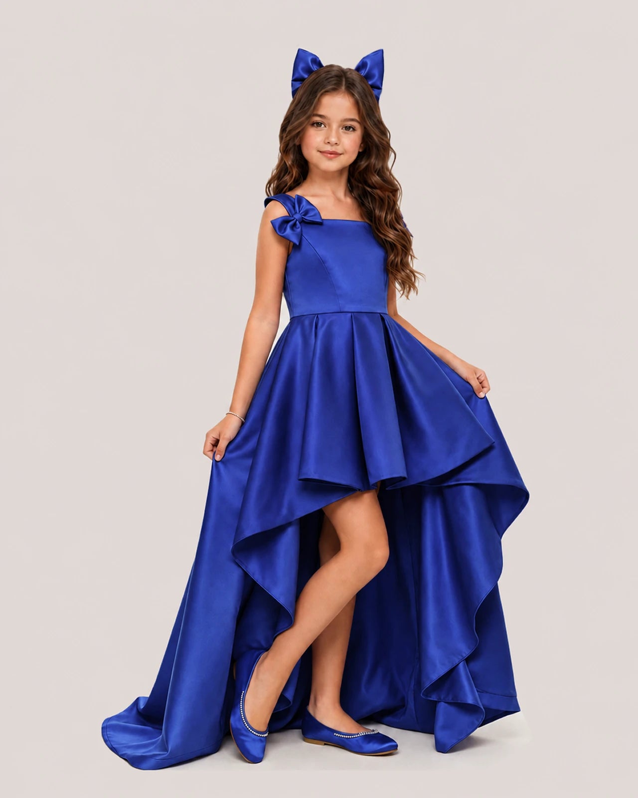 dideyttawl High-Low Junior Bridesmaid Dresses for Girls Pleated Satin A-Line Bow Straps Pageant Formal Party Dress 2536