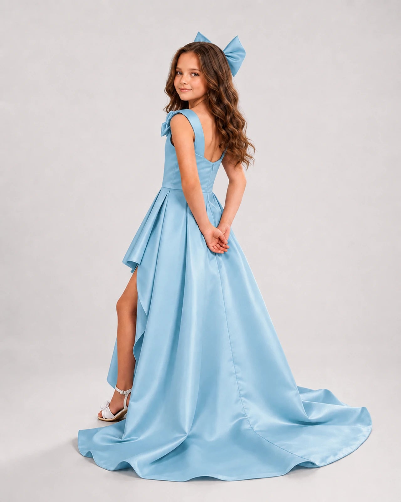 dideyttawl High-Low Junior Bridesmaid Dresses for Girls Pleated Satin A-Line Bow Straps Pageant Formal Party Dress 2536