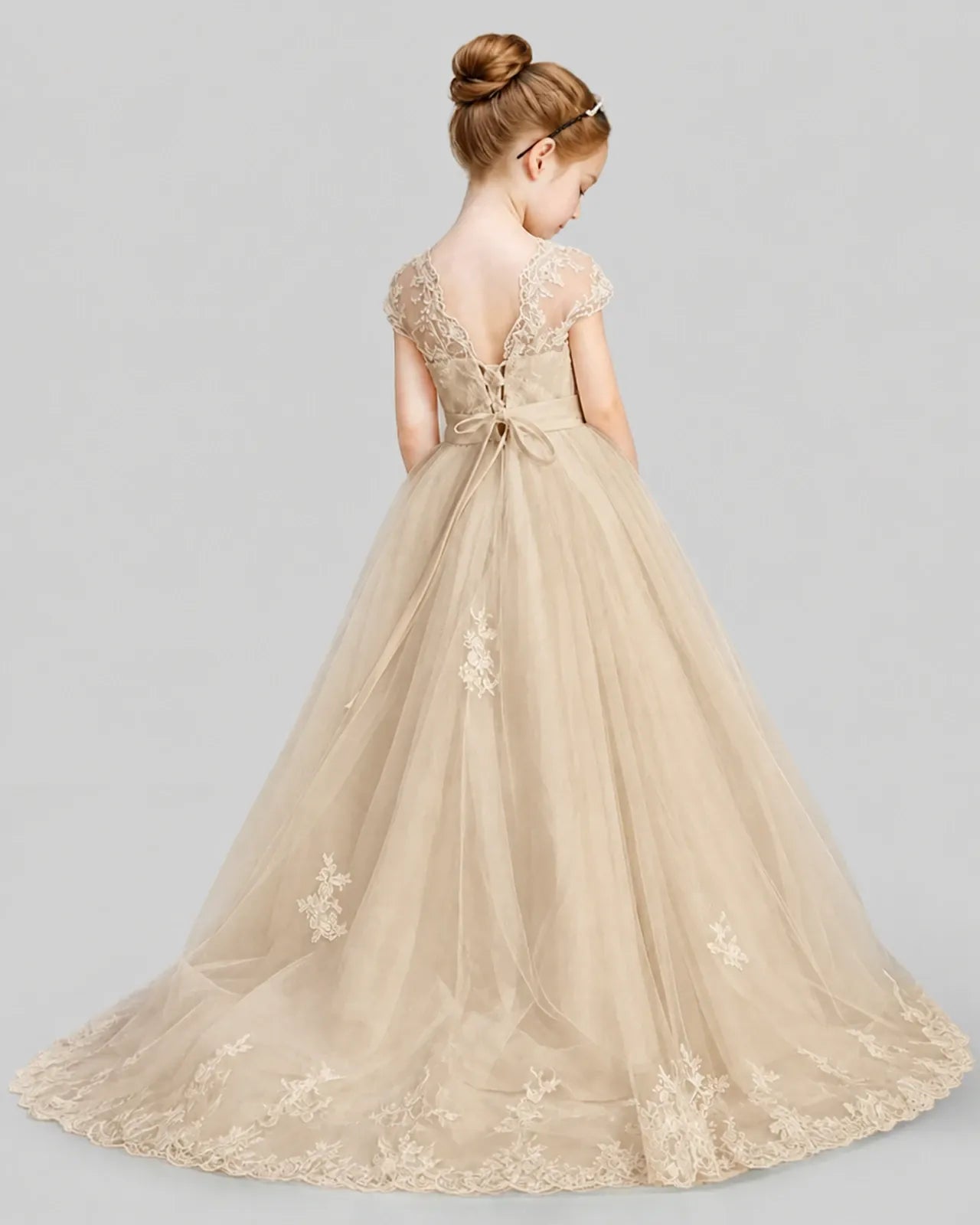 Champagne sequin and tulle ball gown first communion dress, back view.