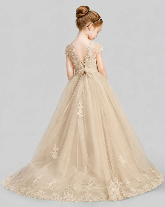Champagne sequin and tulle ball gown first communion dress, back view.