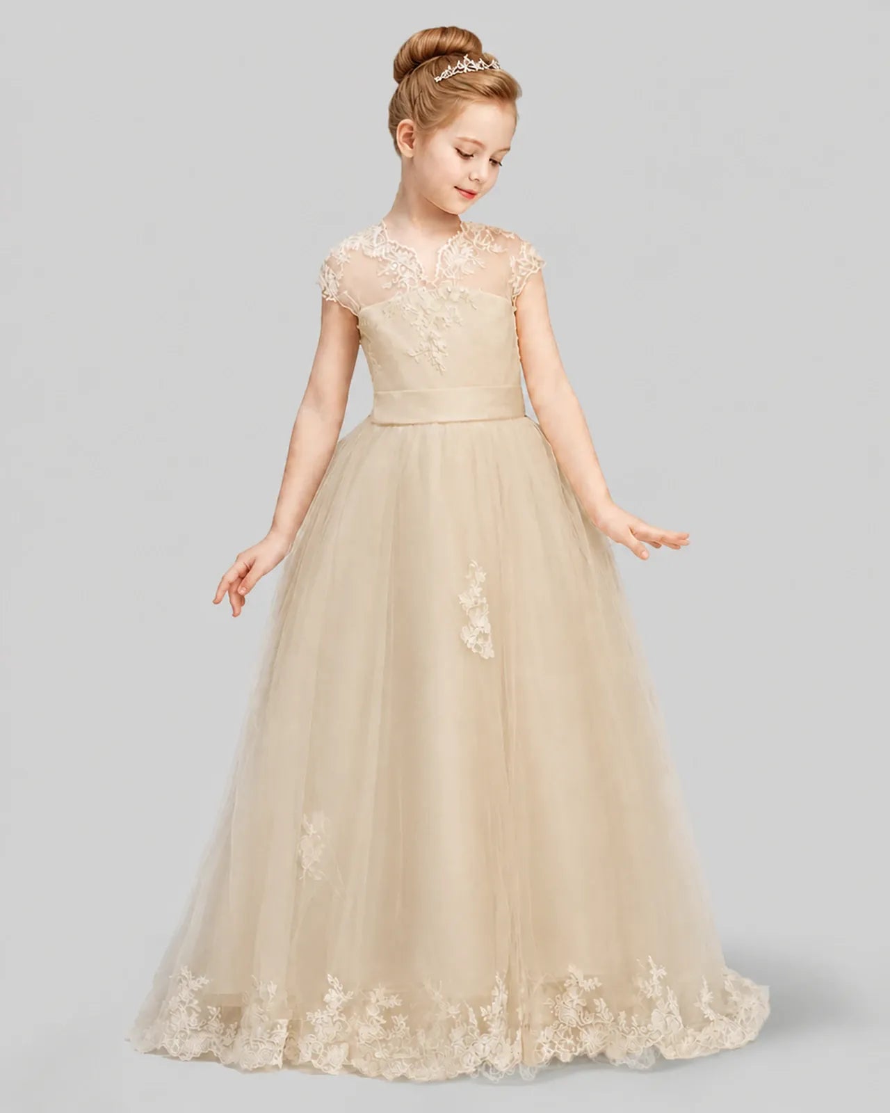 Champagne Sequins Tulle Applique Ball Gown First Communion Dress Front View