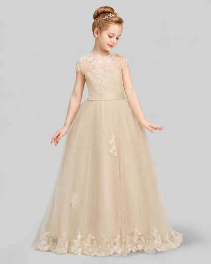 Champagne Sequins Tulle Applique Ball Gown First Communion Dress Front View