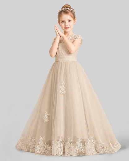 Champagne Tulle A-Line First Communion Dresses Side View