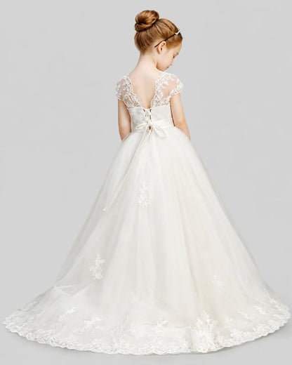 Ivory Sequins Tulle Lace-Up A-Line First Communion Dress Back View