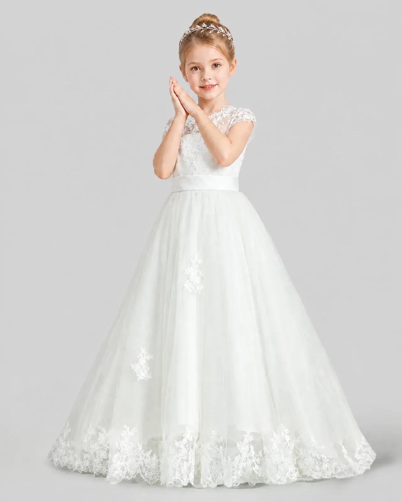 Ivory Tulle Cap Sleeve A-Line First Communion Dresses Side View