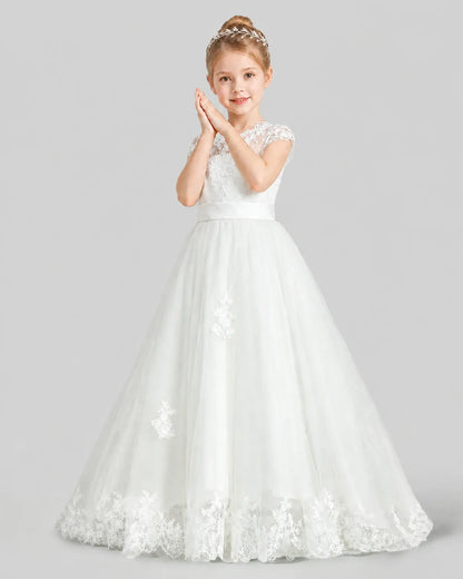 Ivory Tulle Cap Sleeve A-Line First Communion Dresses Side View