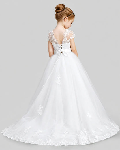 White Tulle Ball Gown First Communion Dresses Back View