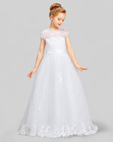 White Tulle Cap Sleeve A-Line First Communion Dresses Front View