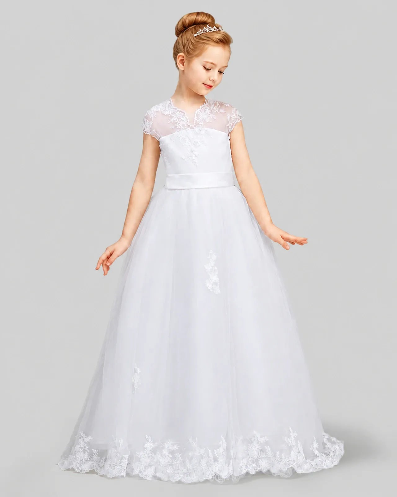 White Tulle Cap Sleeve A-Line First Communion Dresses Front View
