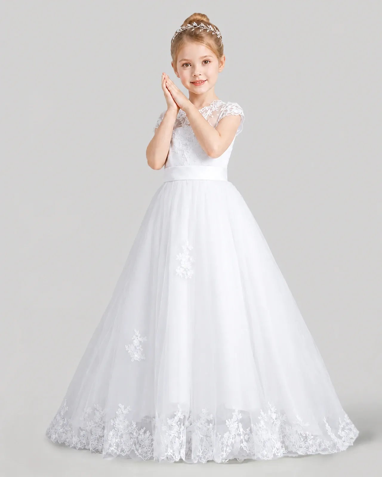 White Tulle A-line First Communion Dresses Side View