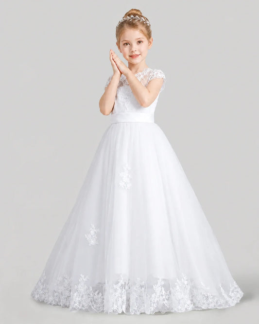 Dideyttawl First Communion Dress with Lace Cap Sleeves and Sweep Train