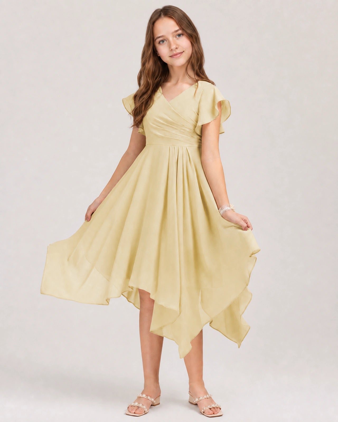 Champagne Chiffon A-line Junior Bridesmaid Dress Front View