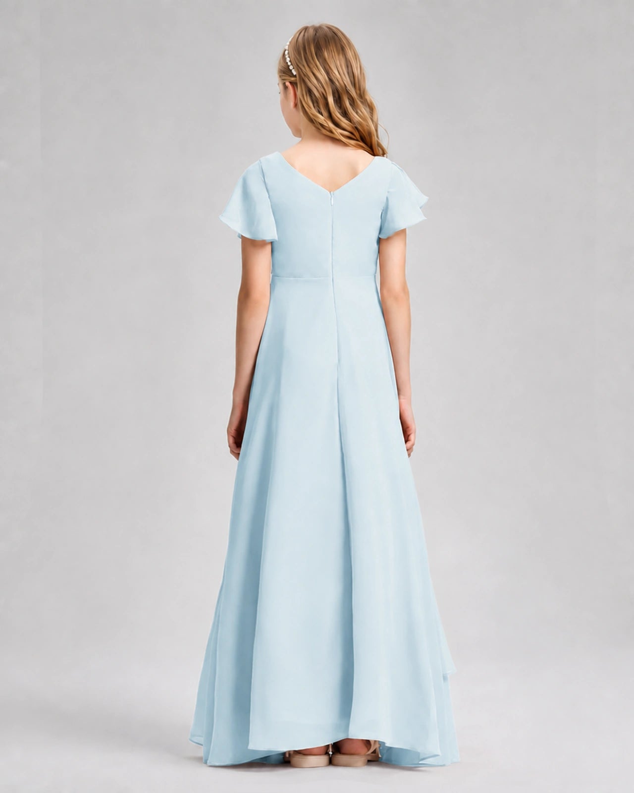 Dideyttawl Junior Bridesmaid Dress with Flutter Sleeves and Side Slit Chiffon Gown