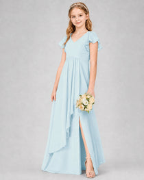 Dideyttawl Junior Bridesmaid Dress with Flutter Sleeves and Side Slit Chiffon Gown