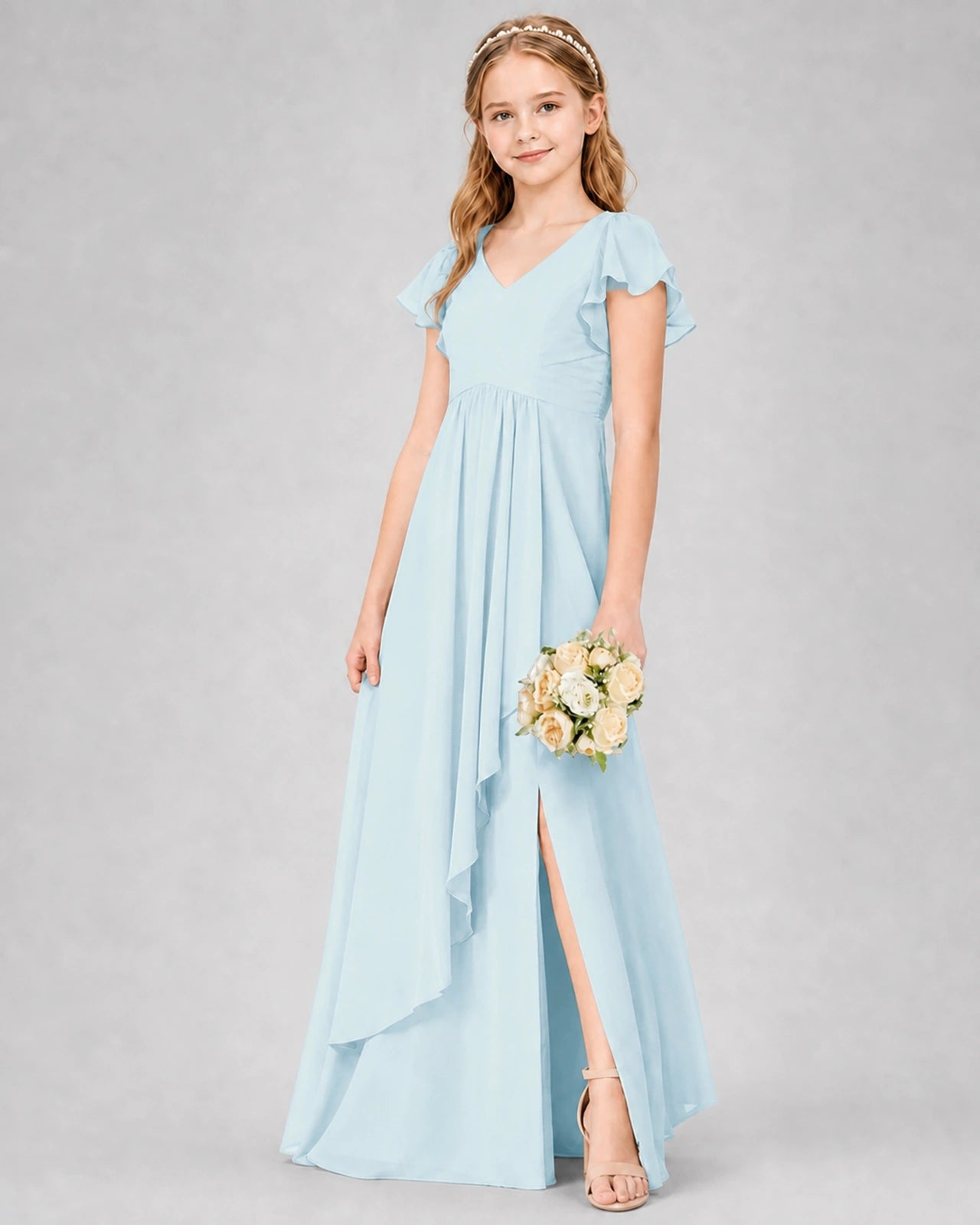 Dideyttawl Junior Bridesmaid Dress with Flutter Sleeves and Side Slit Chiffon Gown