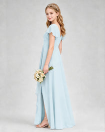 Dideyttawl Junior Bridesmaid Dress with Flutter Sleeves and Side Slit Chiffon Gown
