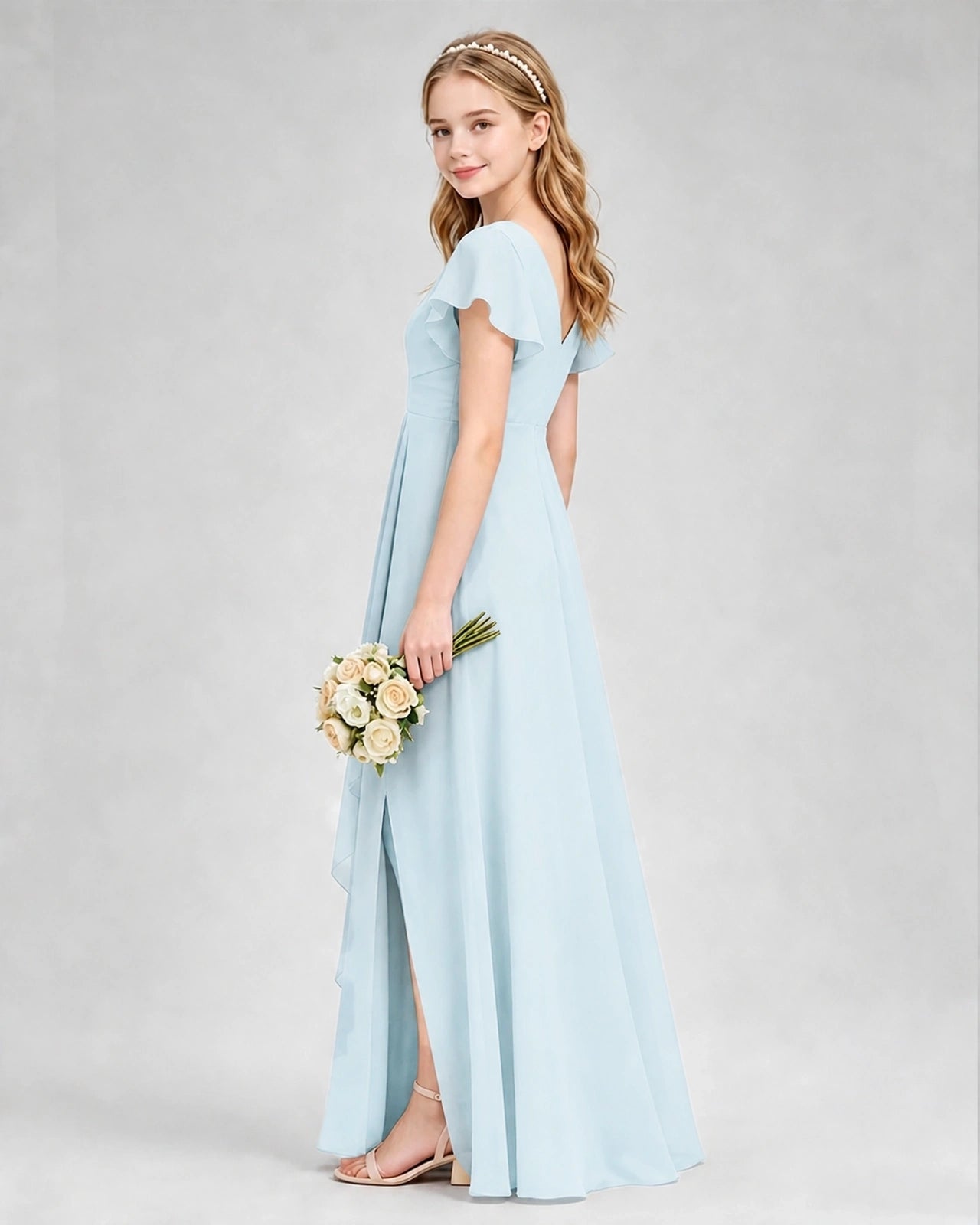 Dideyttawl Junior Bridesmaid Dress with Flutter Sleeves and Side Slit Chiffon Gown